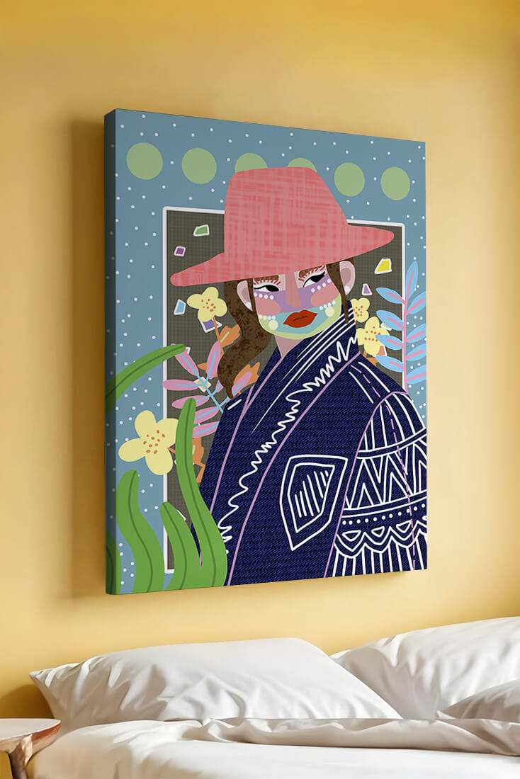 Retrato colorido con patrones y elementos abstractos