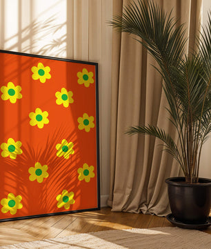 Buntes Blumenmuster mit gelben Blumen auf orangefarbenem Hintergrund