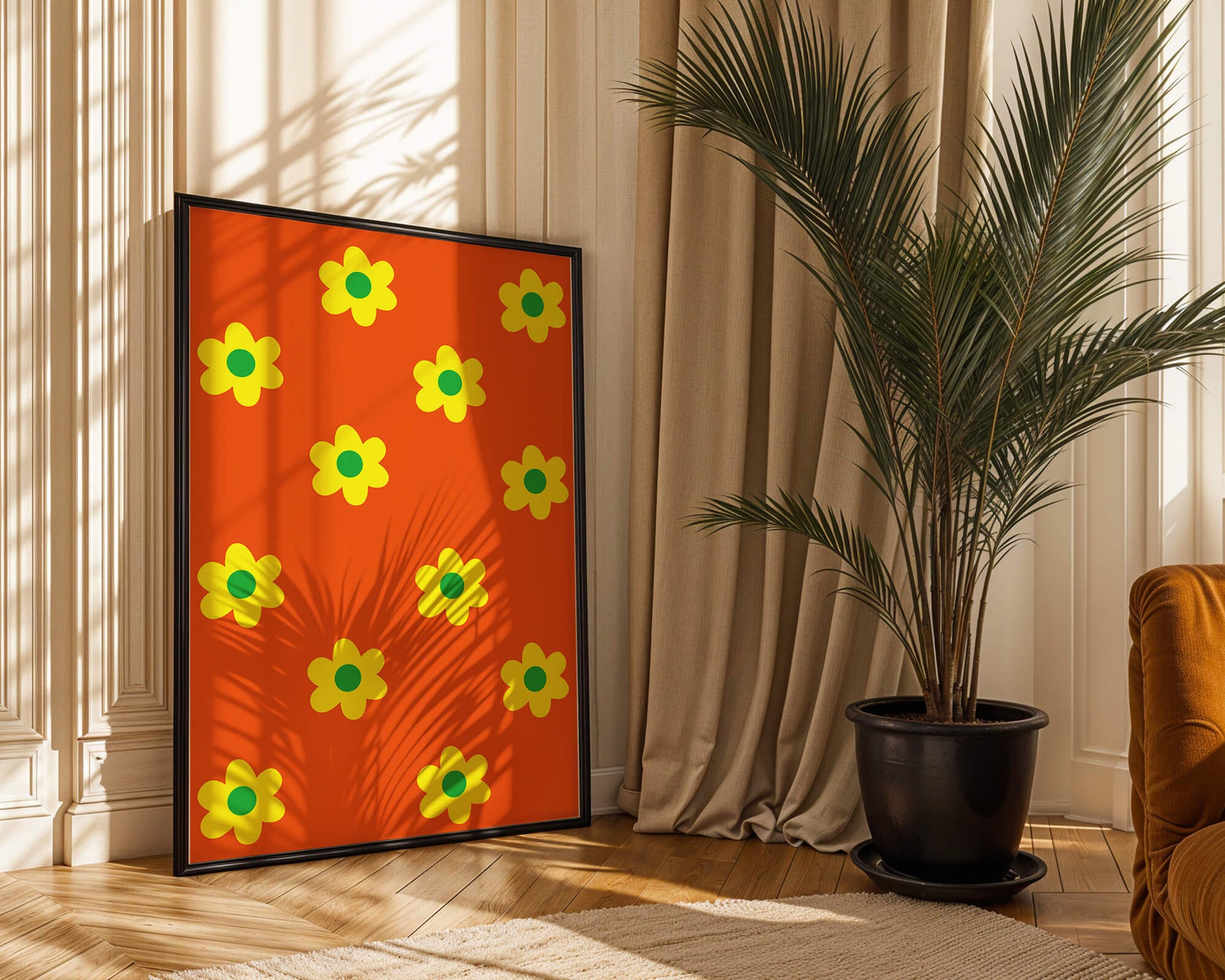 Colorful floral pattern with yellow flowers on orange background