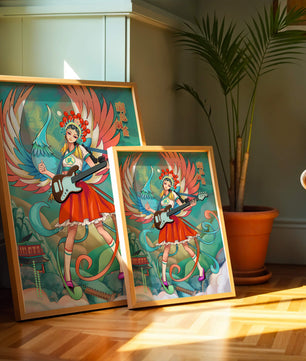 Fusión colorida de arte tradicional y moderno con un músico como protagonista