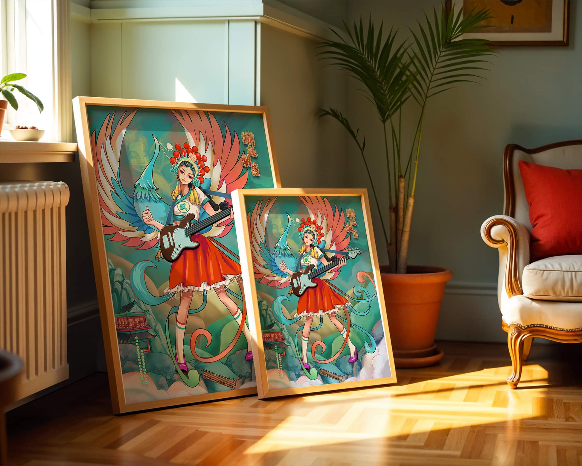 Colorful fusion of traditional and modern art featuring a musician