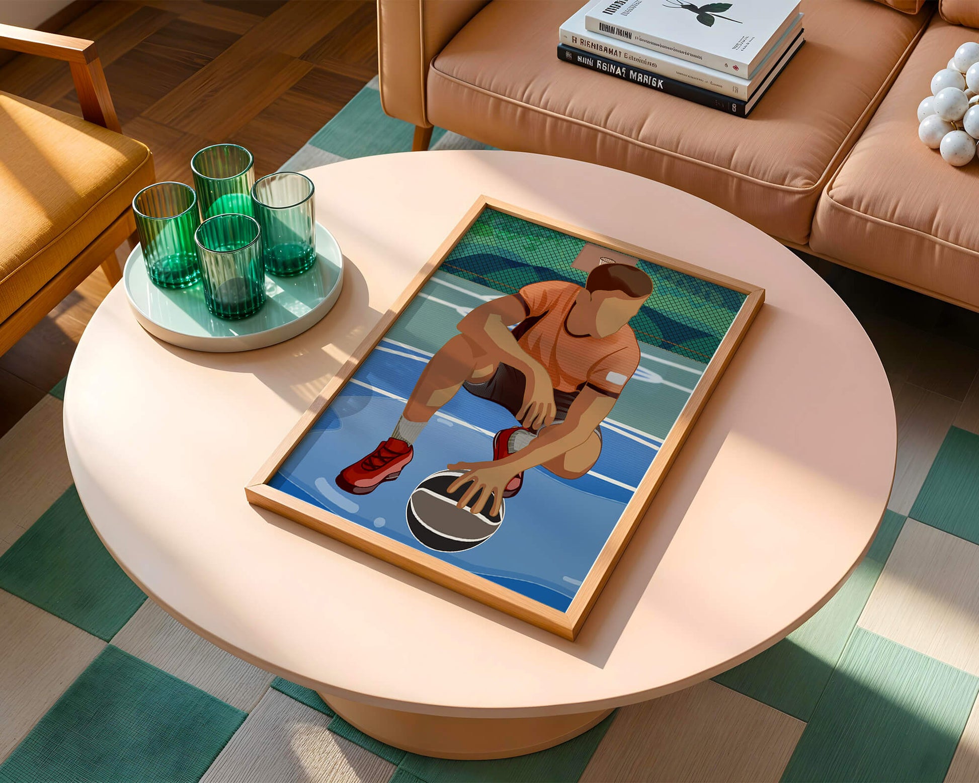 Illustration of a basketball player on a court in a dynamic pose