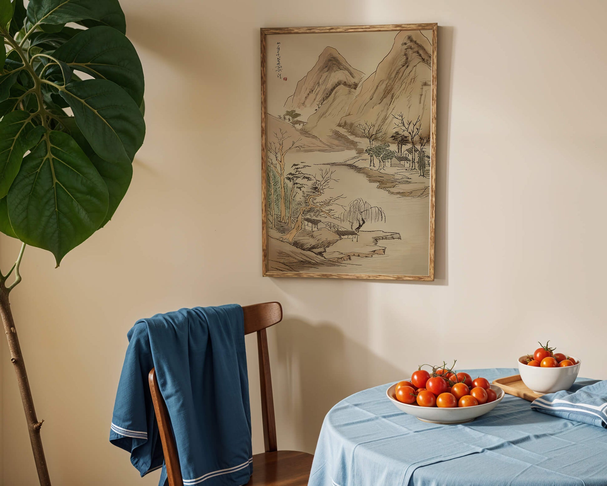 Paisaje sereno con montañas y río en estilo tradicional