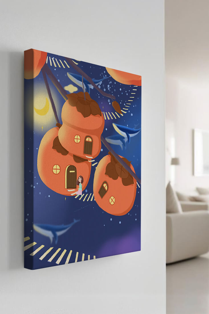 Whimsical night scene with floating persimmon houses and swimming whales