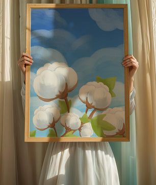 Künstlerische Illustration von Baumwollpflanzen vor einem klaren blauen Himmel