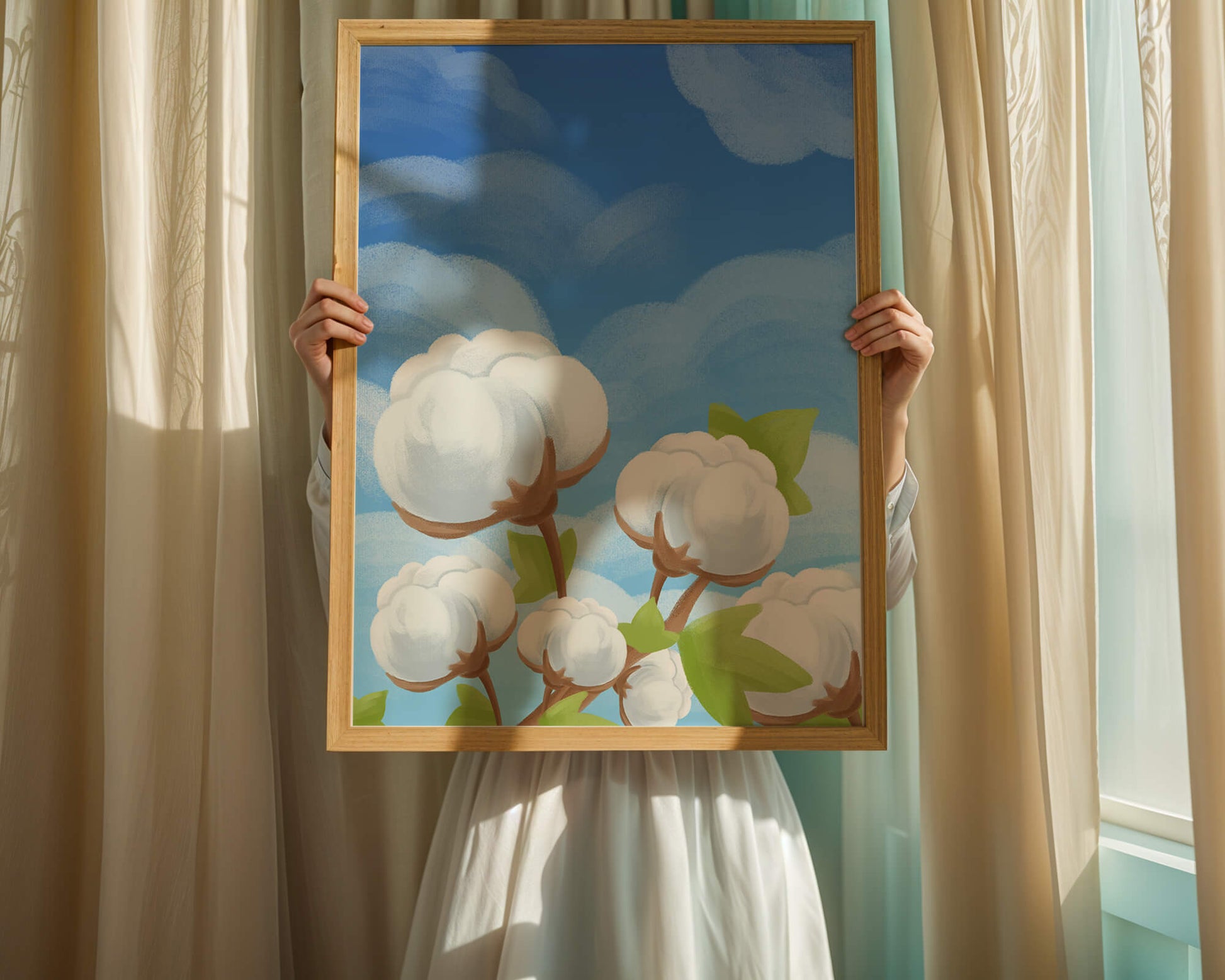Künstlerische Illustration von Baumwollpflanzen vor einem klaren blauen Himmel
