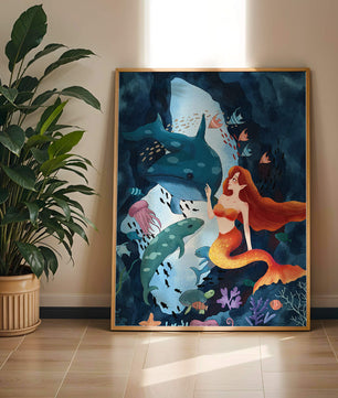 Underwater scene with a mermaid interacting with sea creatures in a vibrant ocean cave