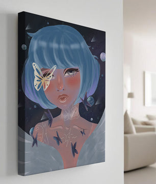 Portrait surréaliste d'une figure mystique aux cheveux bleus et aux papillons