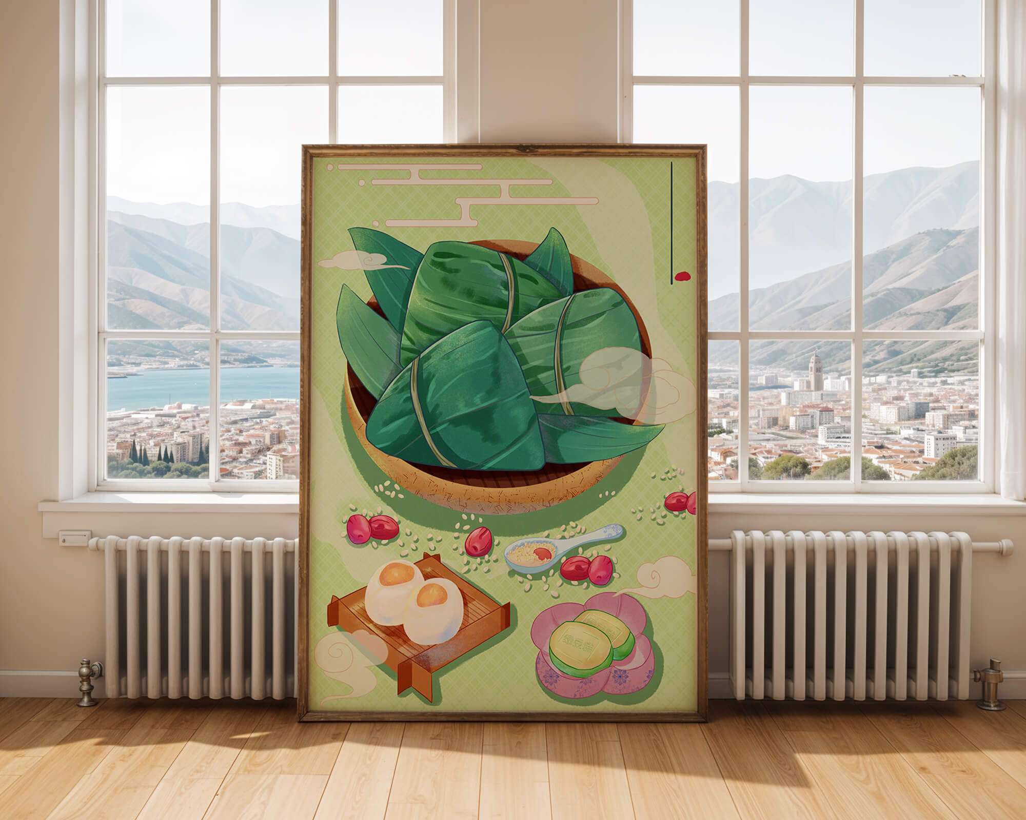 Traditional Asian food illustration with rice dumplings and mooncakes on a green background