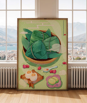 Traditional Asian food illustration with rice dumplings and mooncakes on a green background
