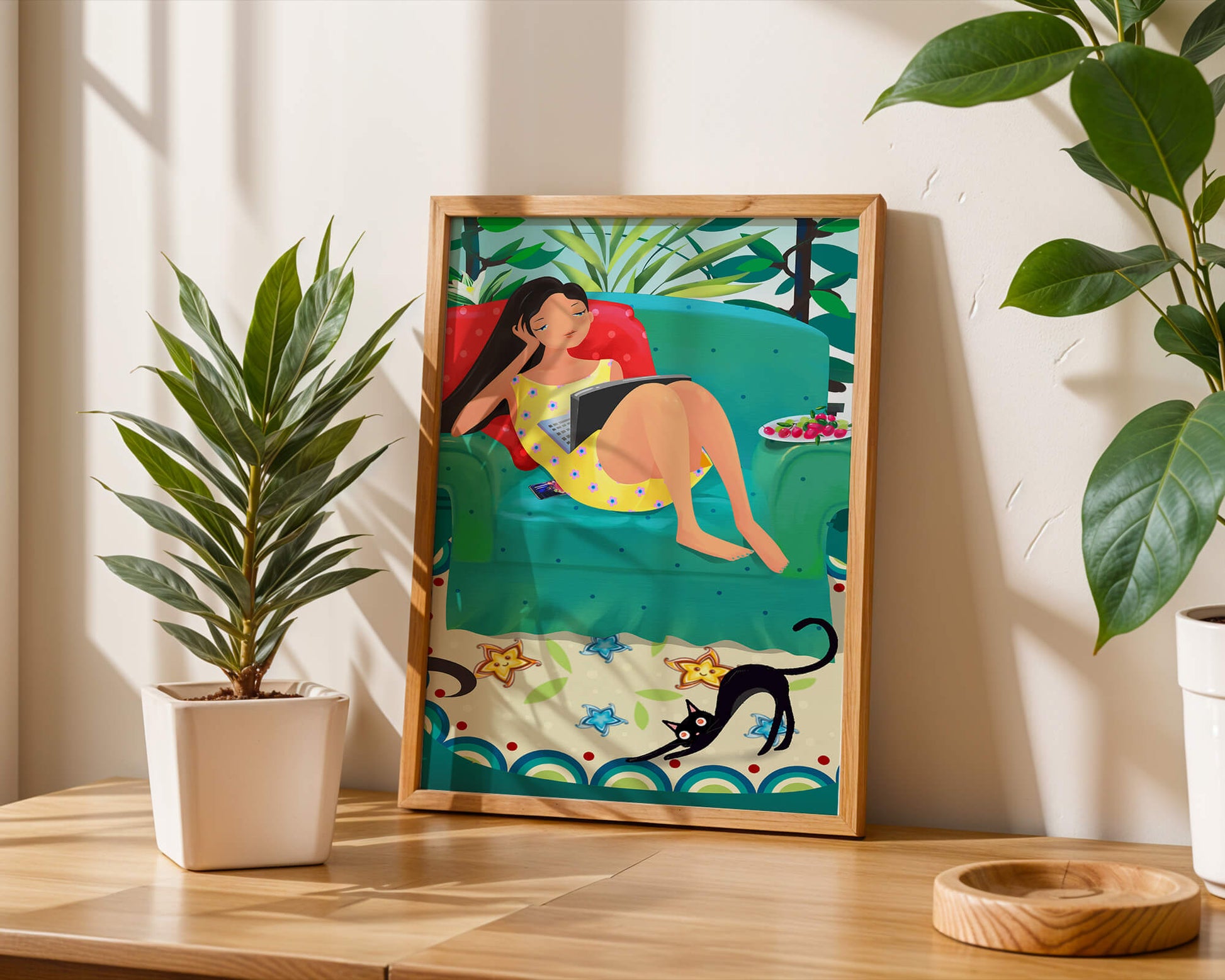 Young Woman Relaxing on Couch with Cat and Fruits in Vibrant Living Room