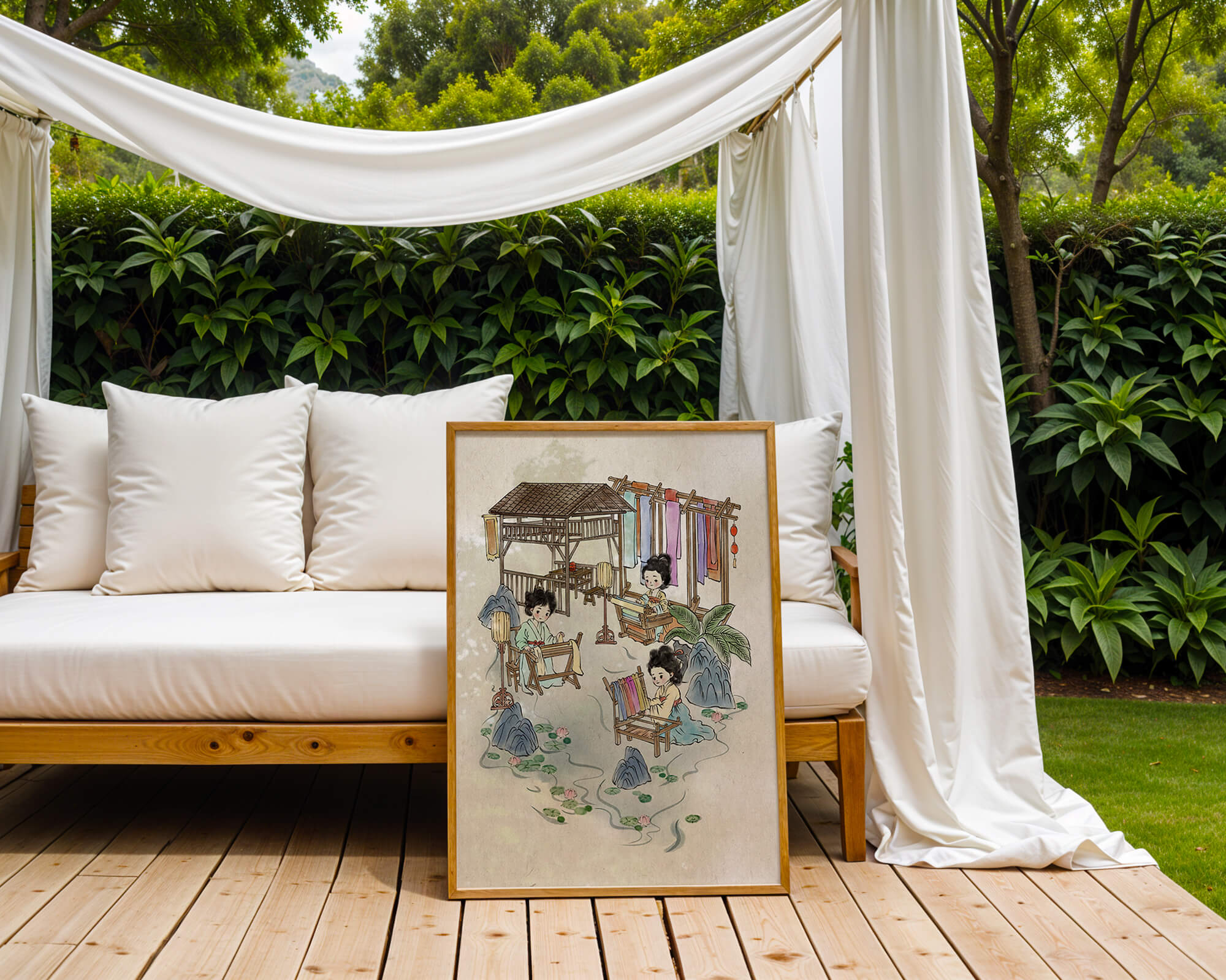 Charming illustration of traditional textile crafts in a serene setting