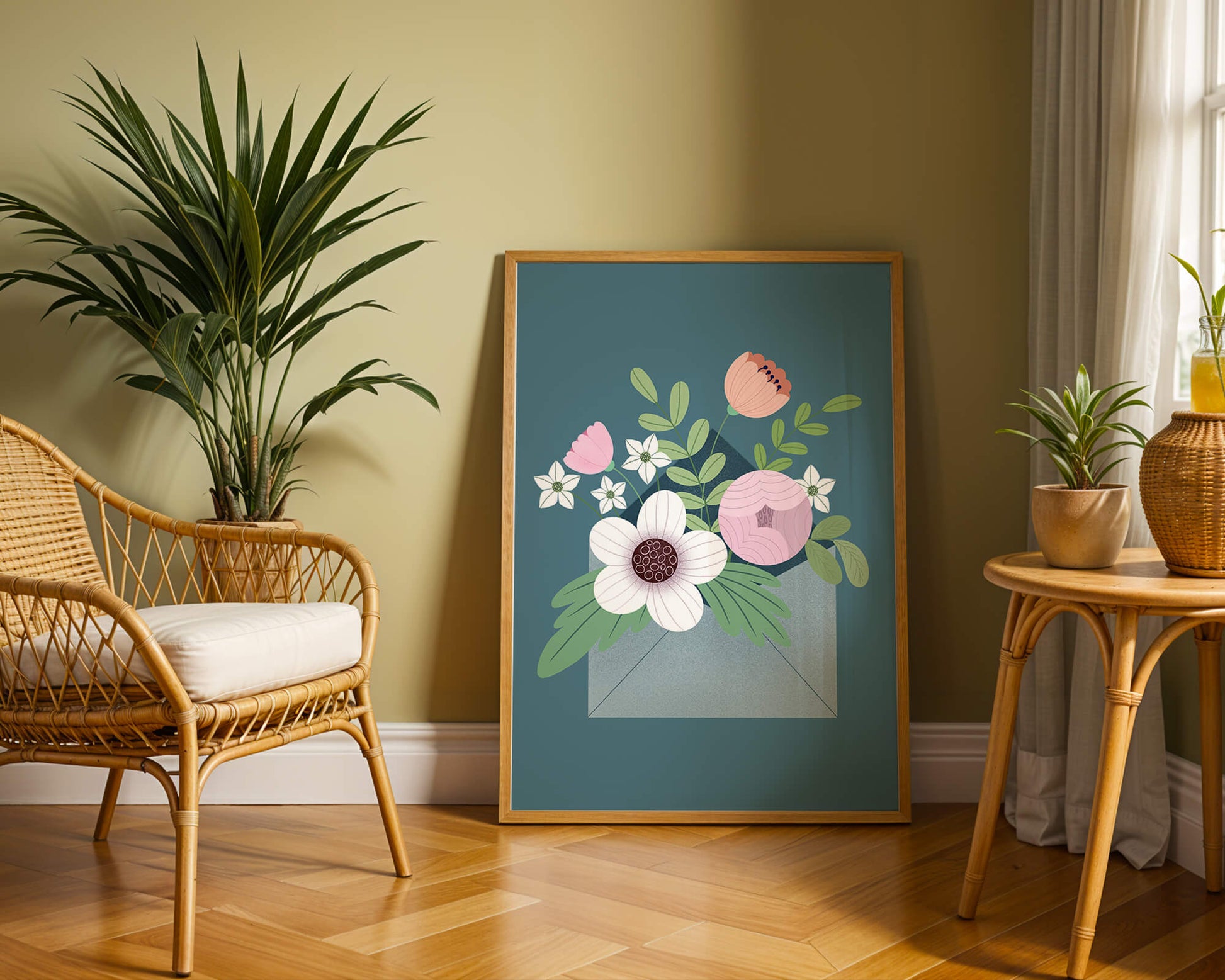 Floral bouquet in envelope with elegant botanical design