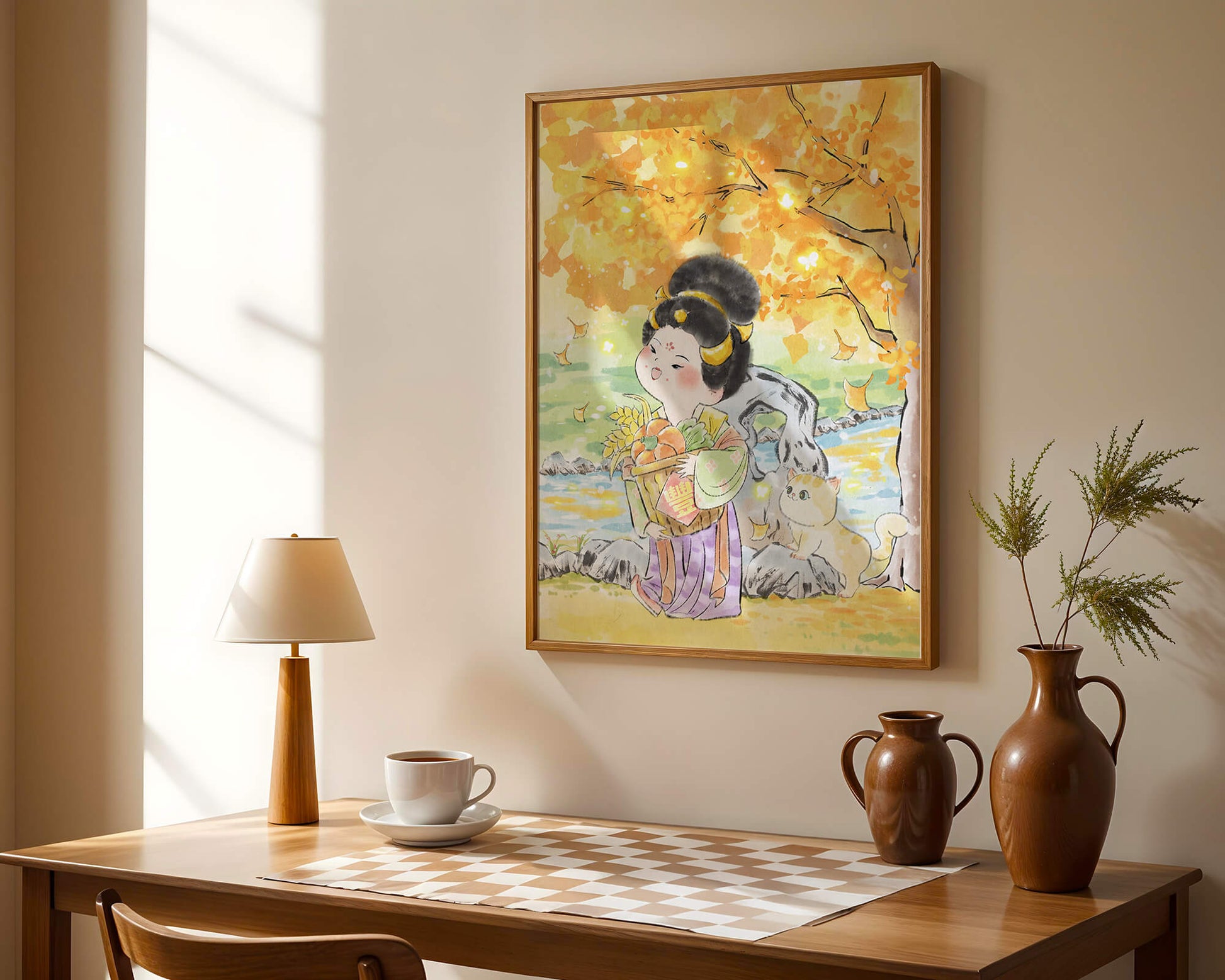 Charming watercolor scene of girl with basket in autumn setting