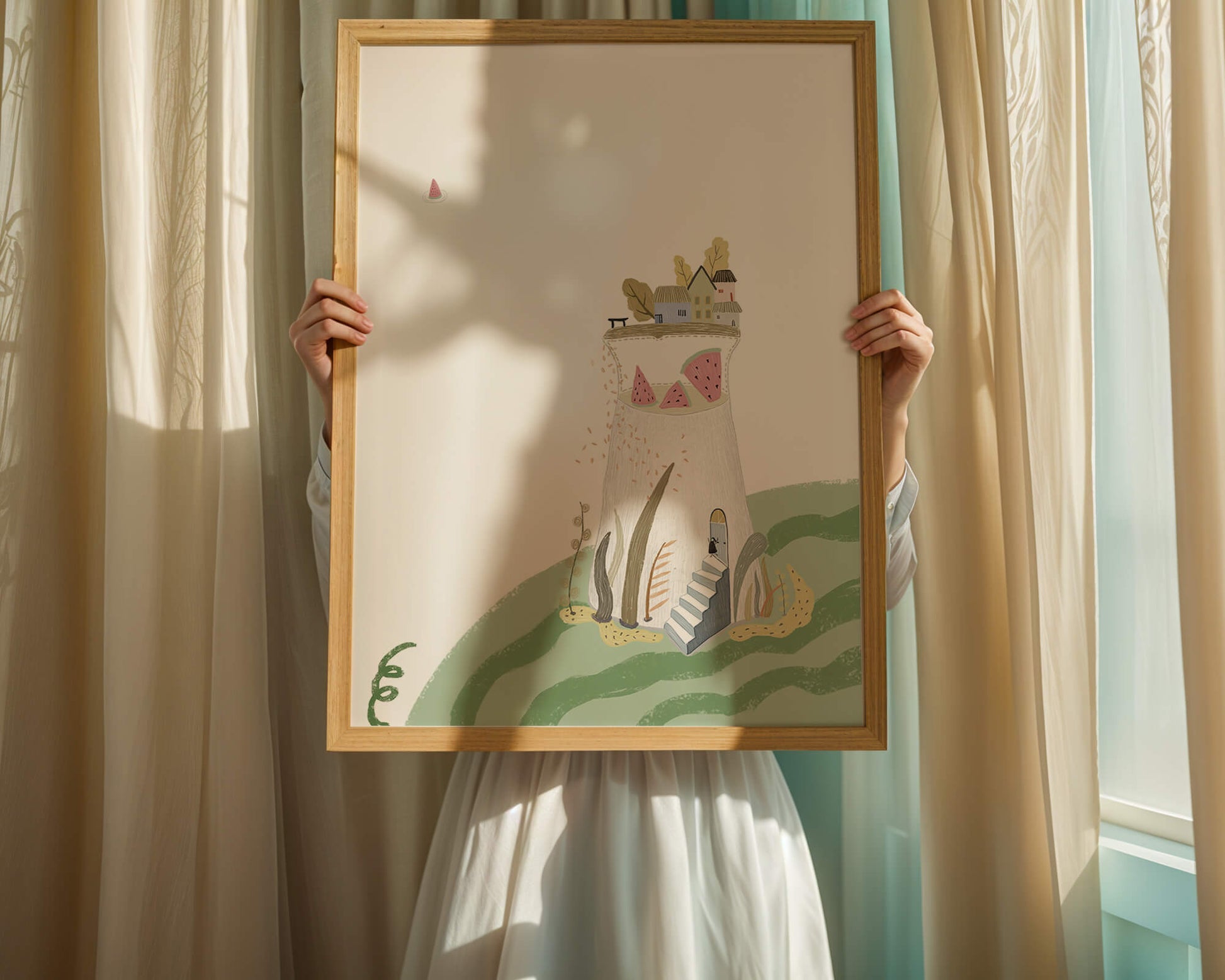Whimsical Landscape with Fantasy Village and Watermelon Elements
