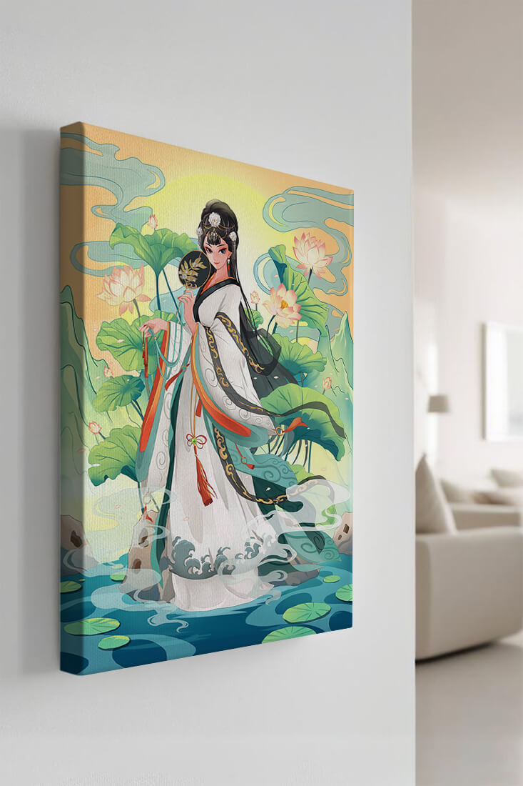 Elegant woman in traditional attire with lotus flowers and serene backdrop
