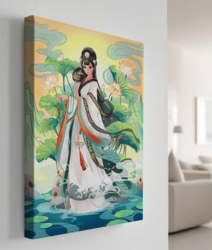Femme élégante en tenue traditionnelle avec des fleurs de lotus et un décor serein