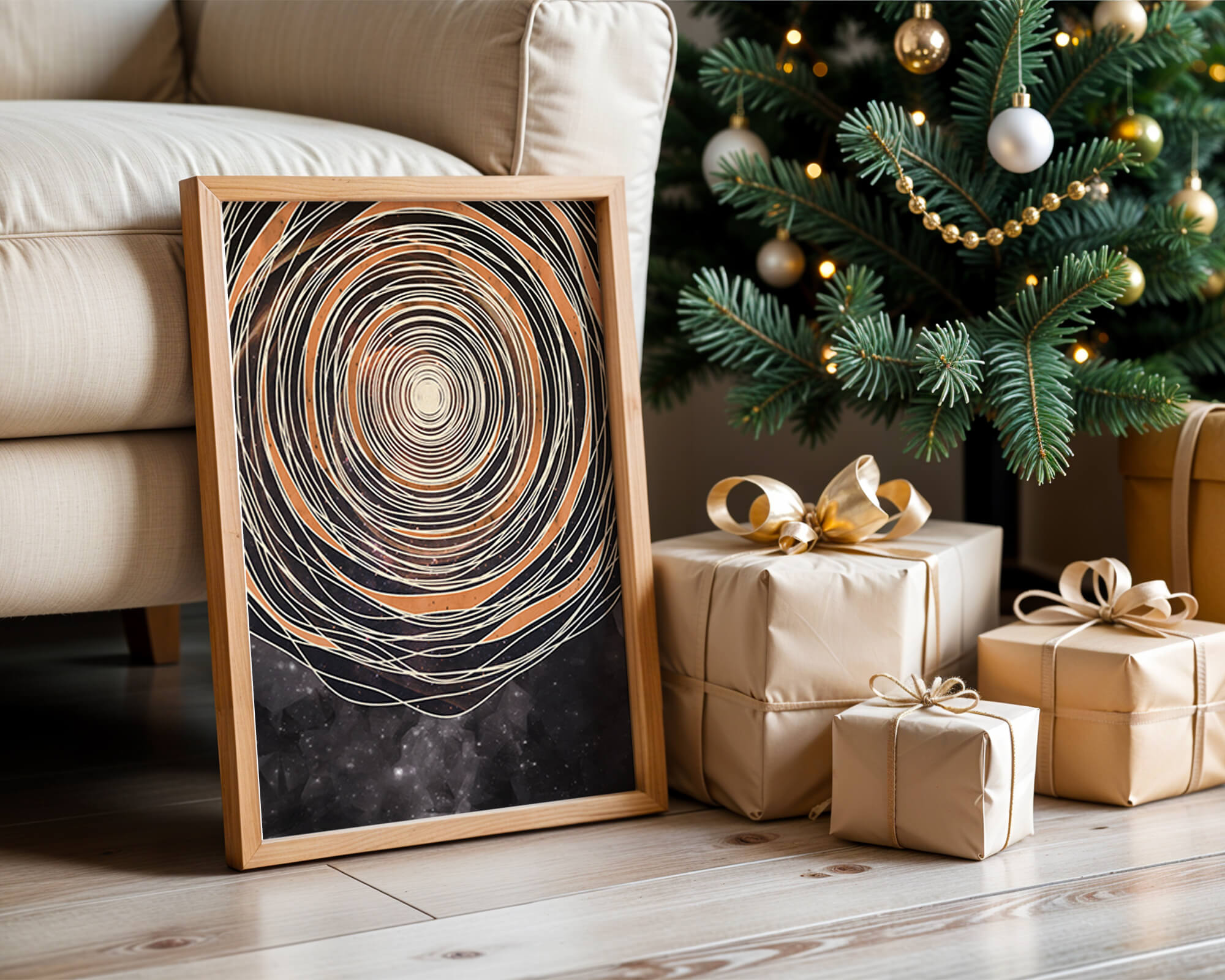 Abstract cosmic spiral with concentric oval patterns and starry background
