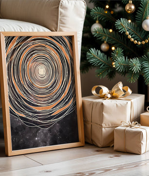 Espiral cósmica abstracta con patrones ovalados concéntricos y fondo estrellado