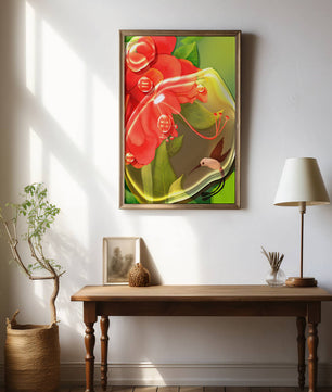 Vibrant floral illustration with hummingbird and lush greenery