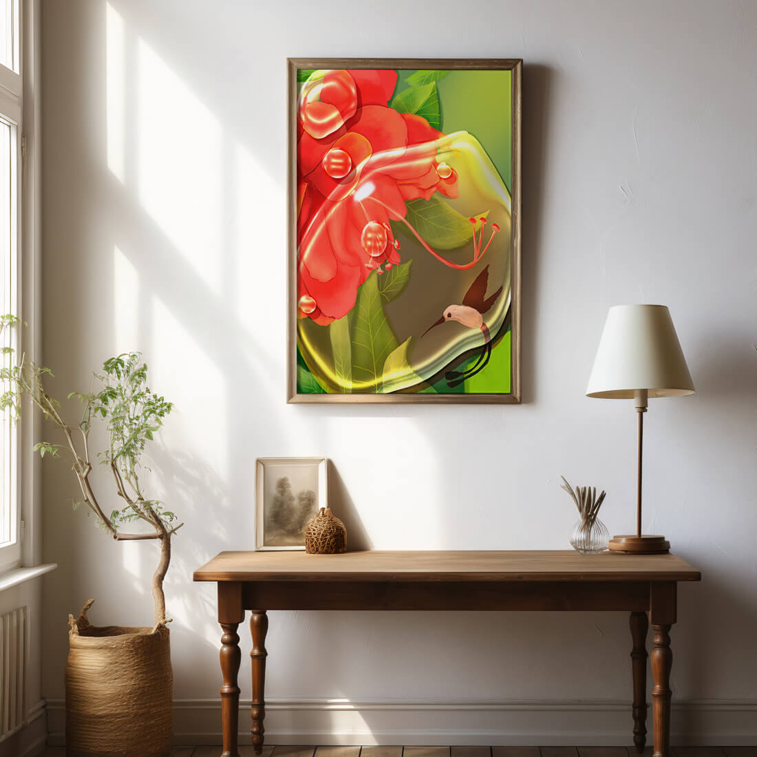 Vibrant floral illustration with hummingbird and lush greenery