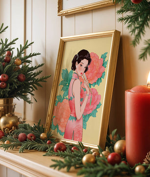 Elegant woman in traditional dress with floral background