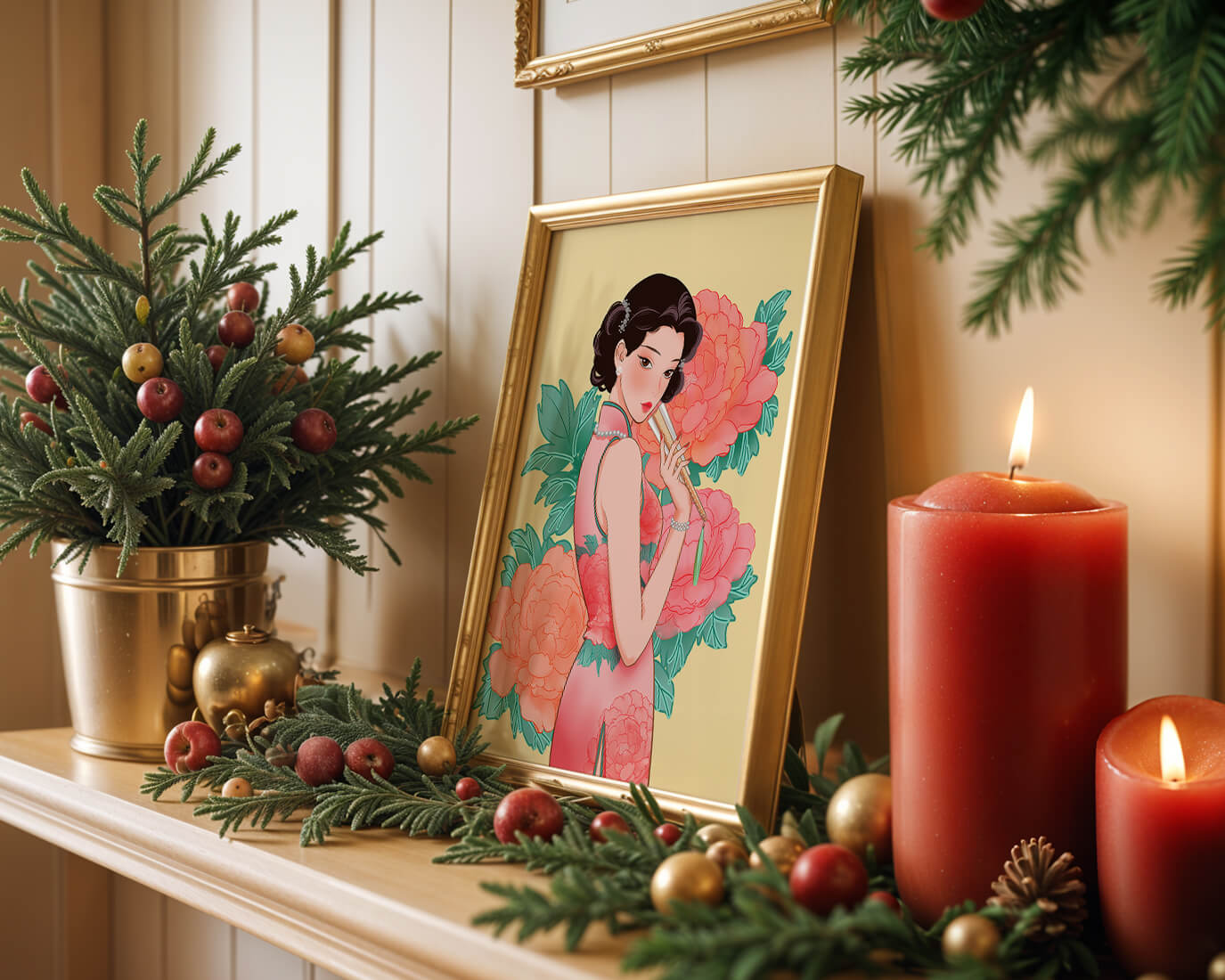 Elegant woman in traditional dress with floral background
