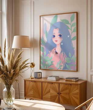 Illustration of a blue-haired girl surrounded by greenery