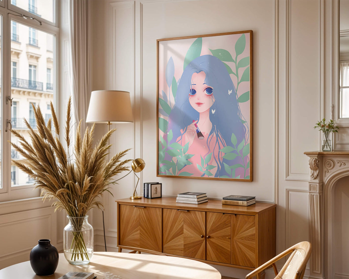 Illustration of a blue-haired girl surrounded by greenery