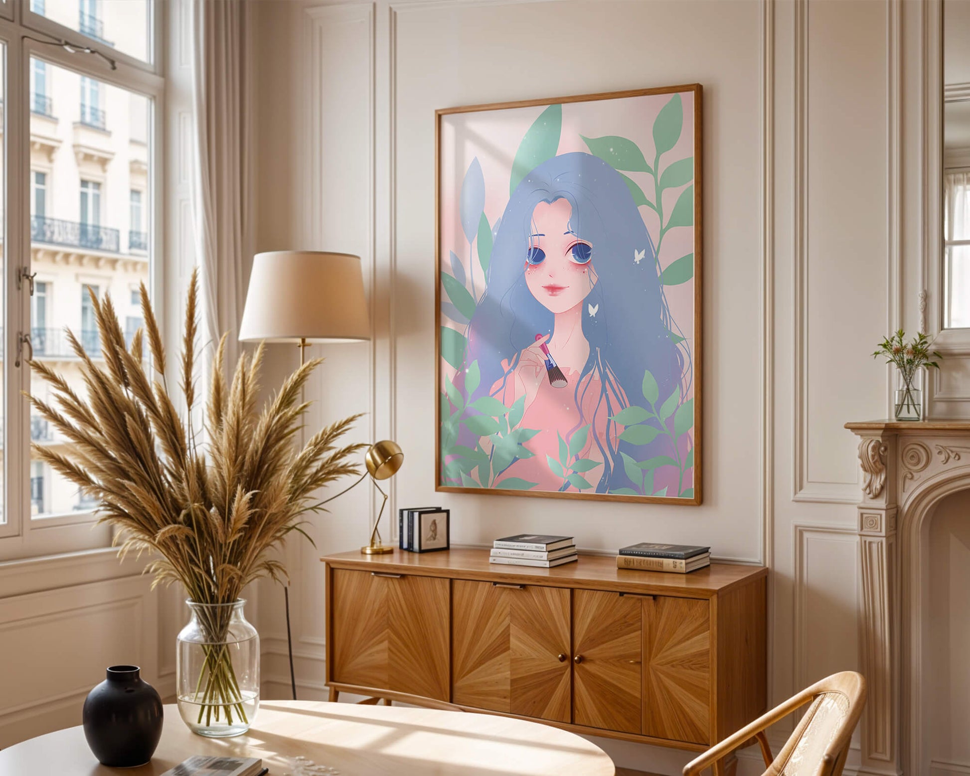 Illustration of a blue-haired girl surrounded by greenery