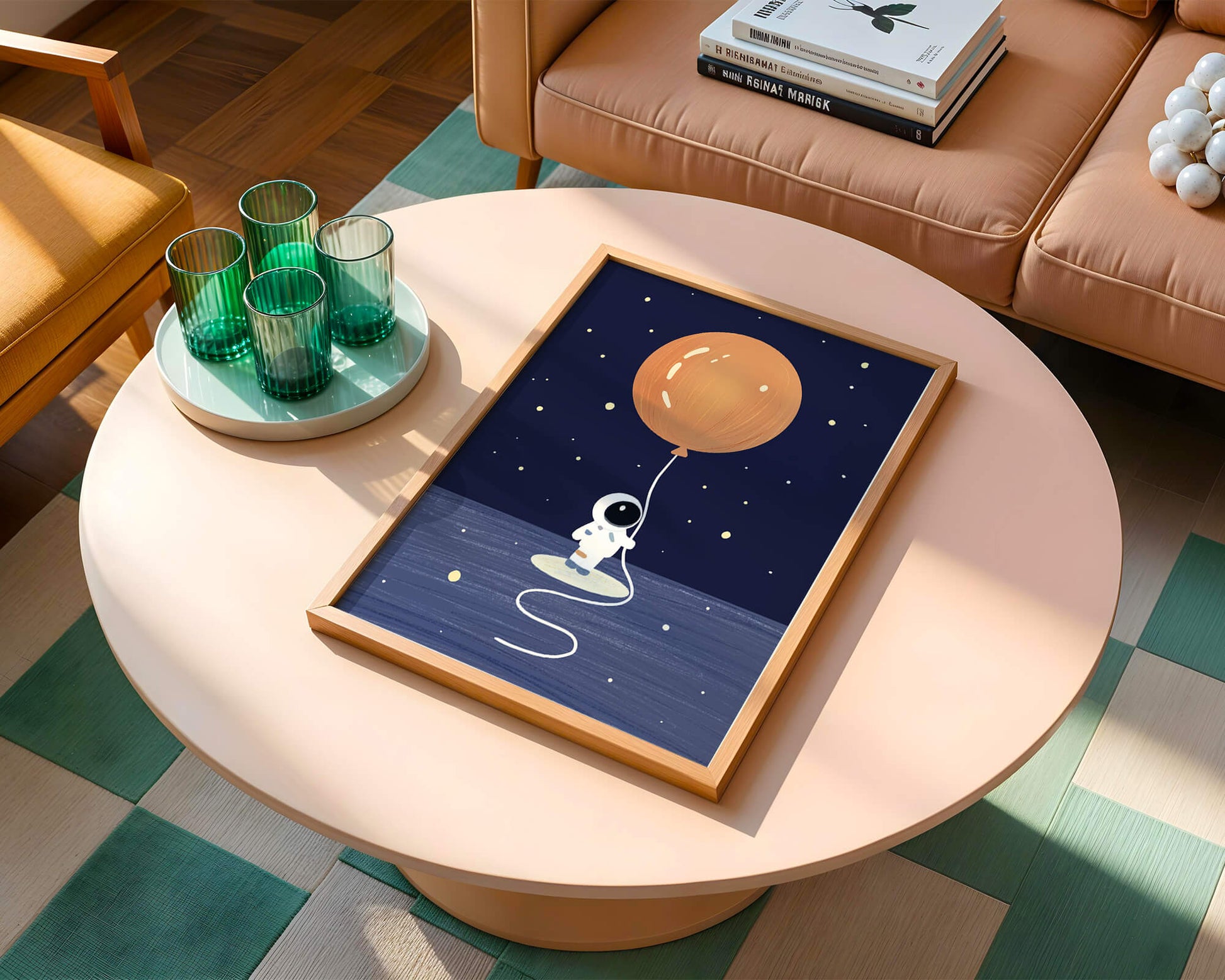 Charming Astronaut Holding Large Orange Balloon Under Starry Sky