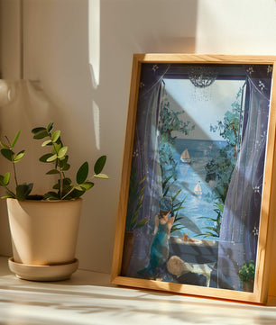 Peaceful Seaside View Through Open Window with Girl and Cat