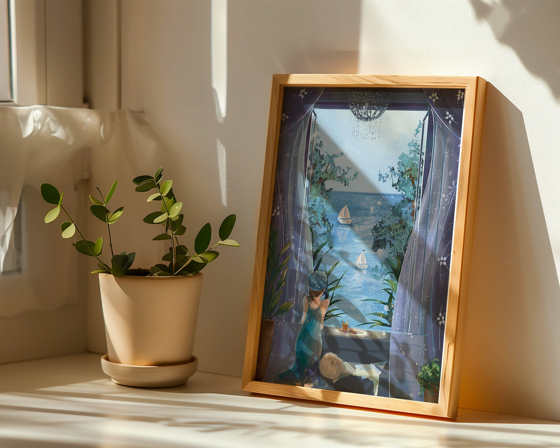 Peaceful Seaside View Through Open Window with Girl and Cat