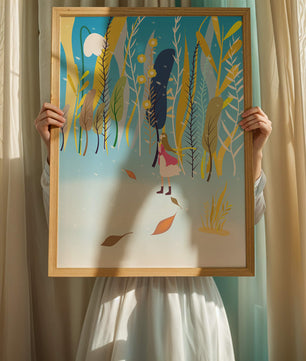 Ilustración caprichosa de una niña en un bosque abstracto vibrante