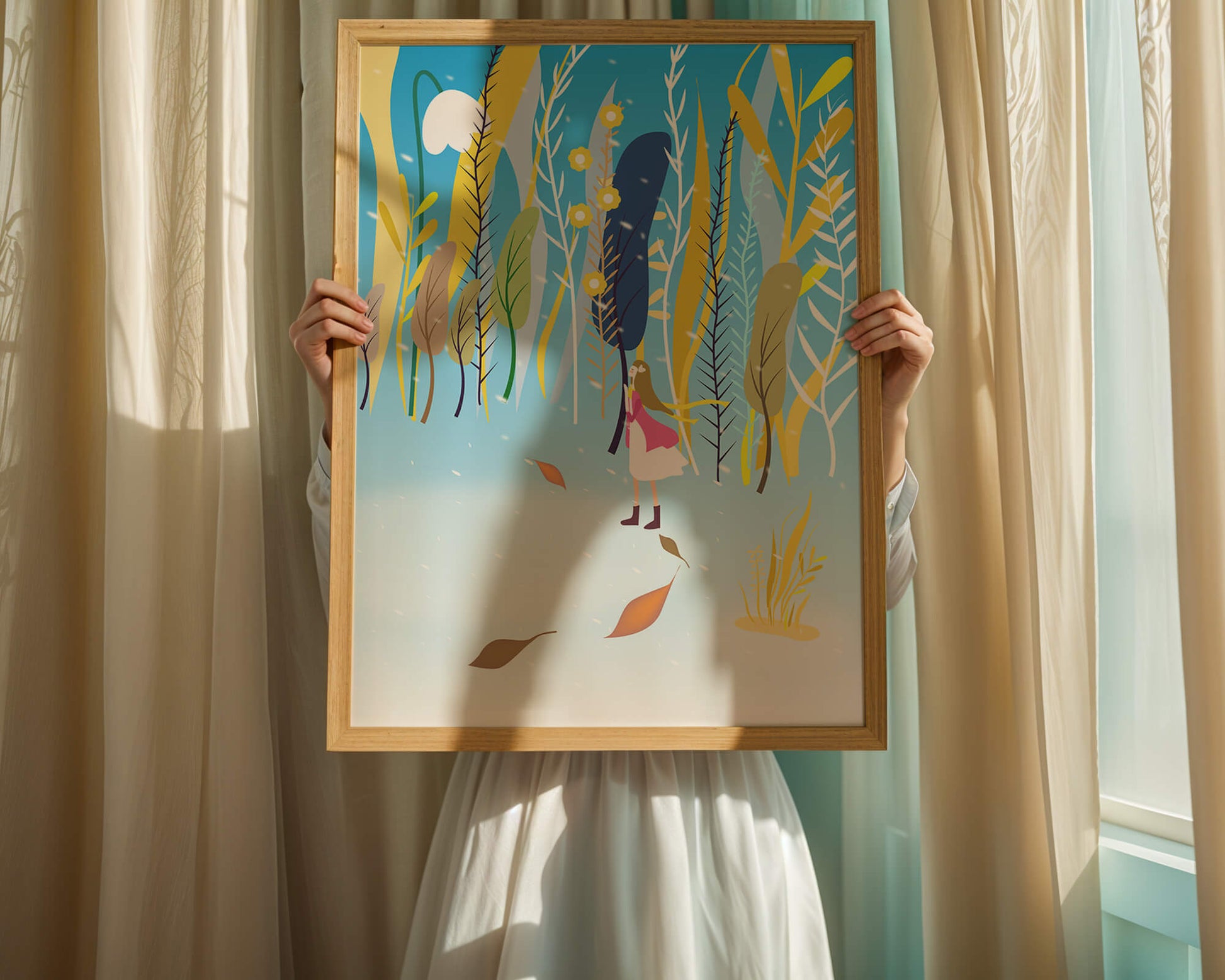 Ilustración caprichosa de una niña en un bosque abstracto vibrante