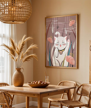 Ilustración de un gato maneki-neko en un entorno de jardín floral