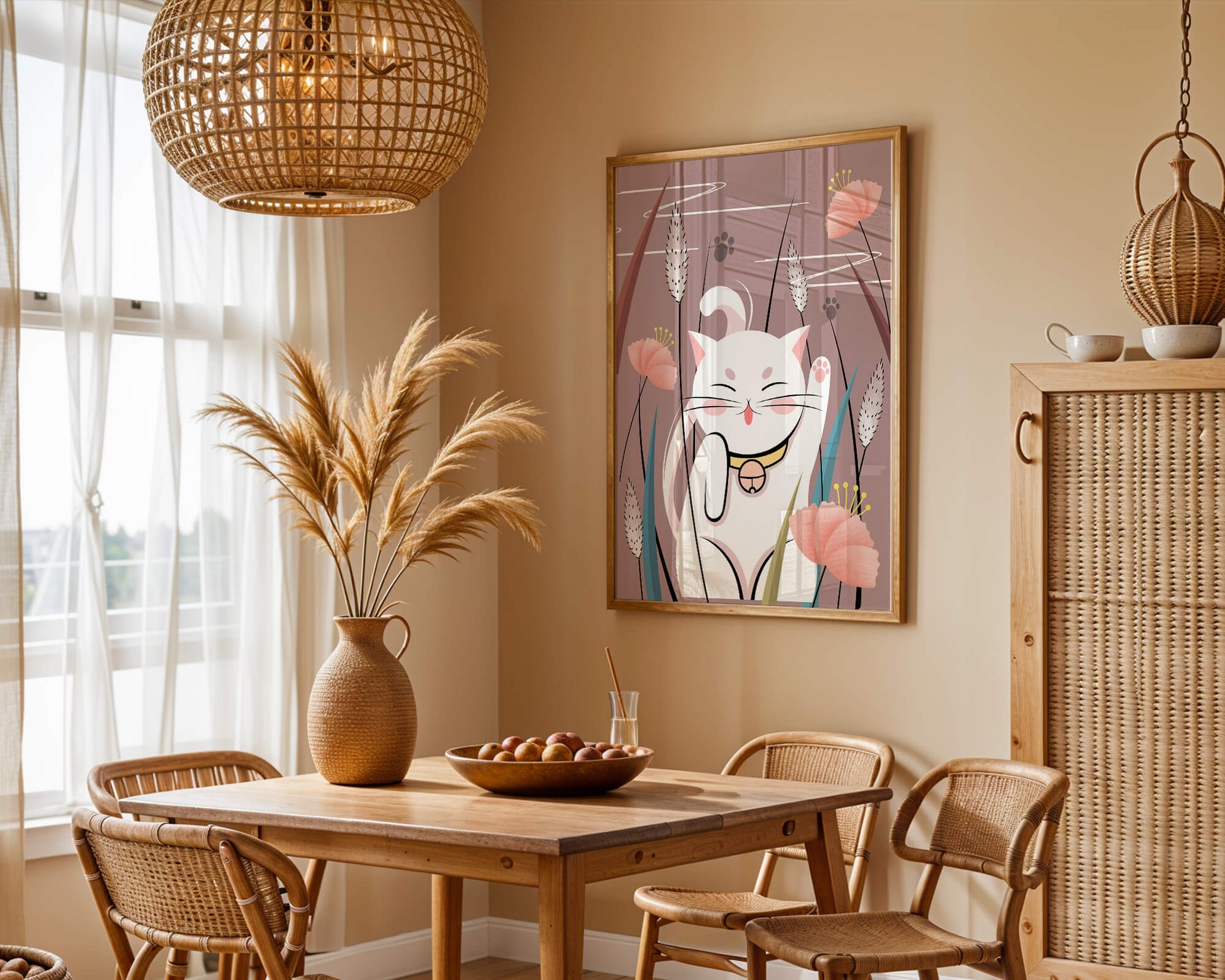 Illustration of a maneki-neko cat in a floral garden setting