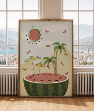 Summer Paradise with Watermelon Sun and Palms in Surreal Landscape