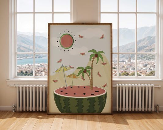 Summer Paradise with Watermelon Sun and Palms in Surreal Landscape