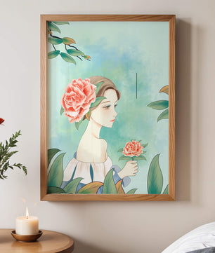 Ilustración de una mujer con una flor y texto que dice "Hola, julio"