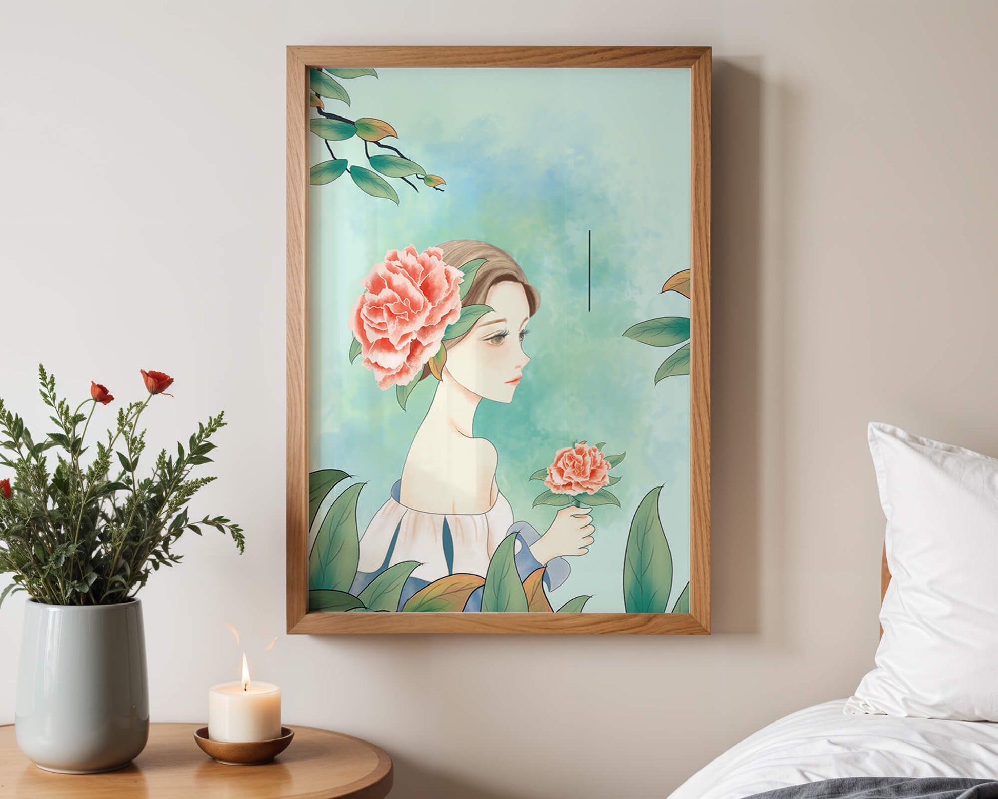 Illustration of a woman with a flower and text saying "Hello, July"