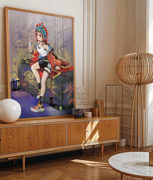 Anime art of a girl in traditional attire with urban elements