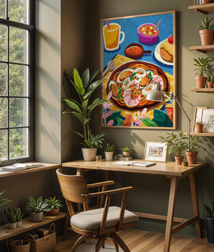 Escena ilustrativa de desayuno colorida con pasta y bebidas