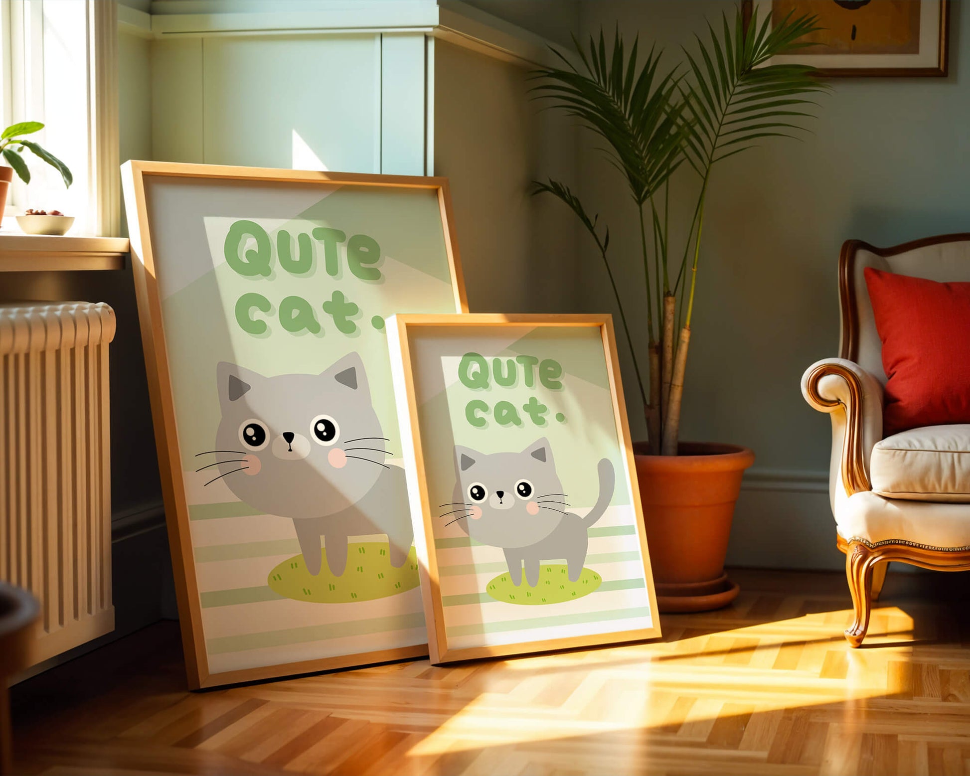 Adorable cartoon cat illustration on pastel background