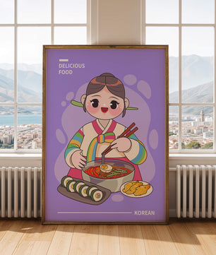 Charming illustration of Korean cuisine with a cheerful character