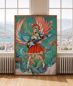 Fusión colorida de arte tradicional y moderno con un músico como protagonista