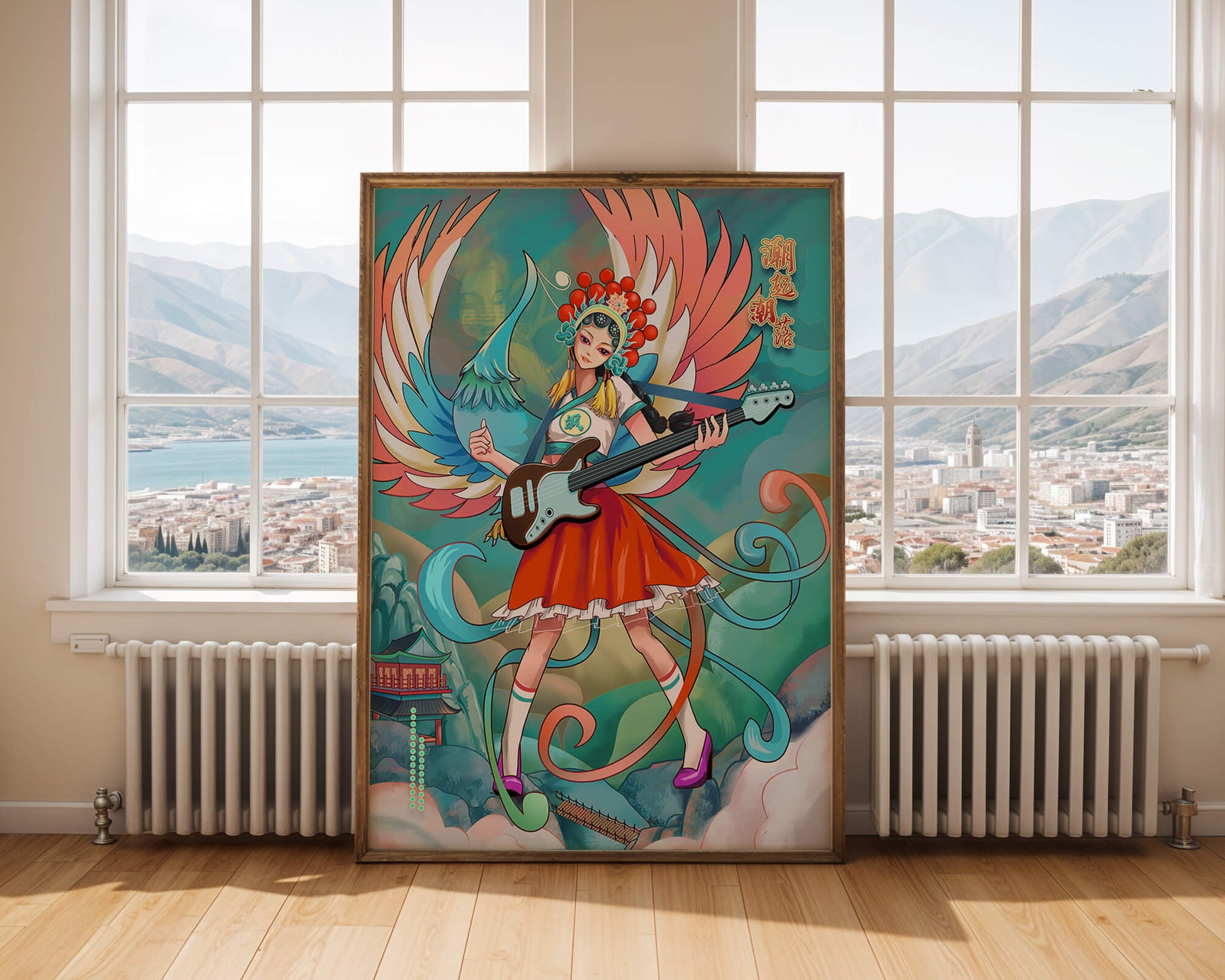 Colorful fusion of traditional and modern art featuring a musician