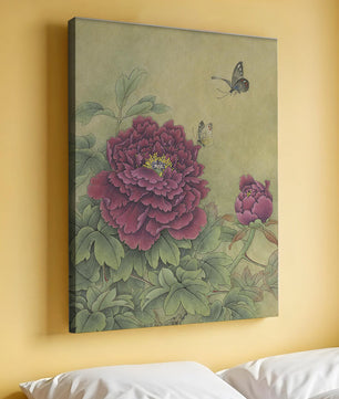 Delicate peonies with butterflies in a serene natural setting