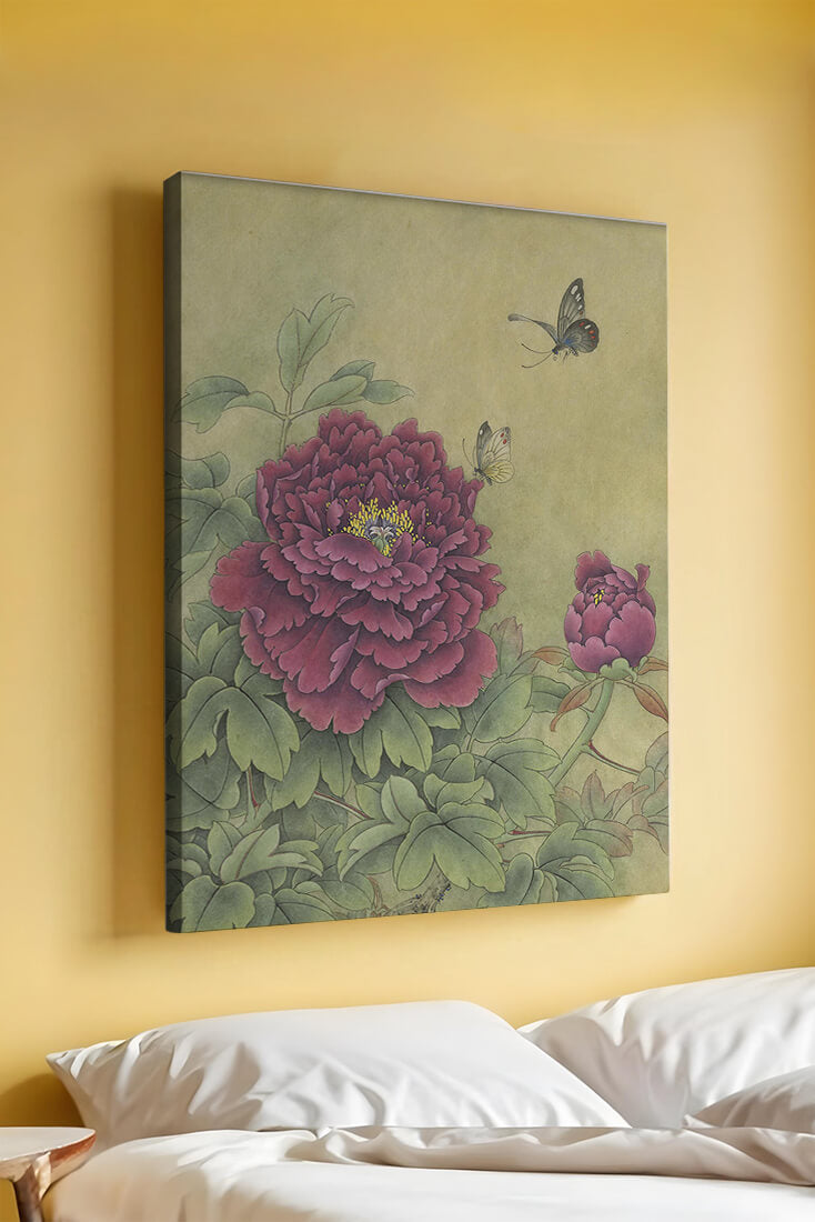 Delicate peonies with butterflies in a serene natural setting