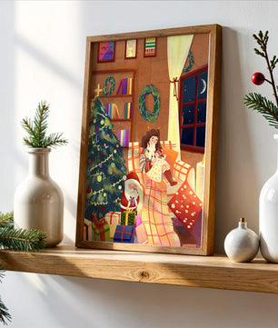 Cozy Christmas scene with tree, gifts, and a child by the window